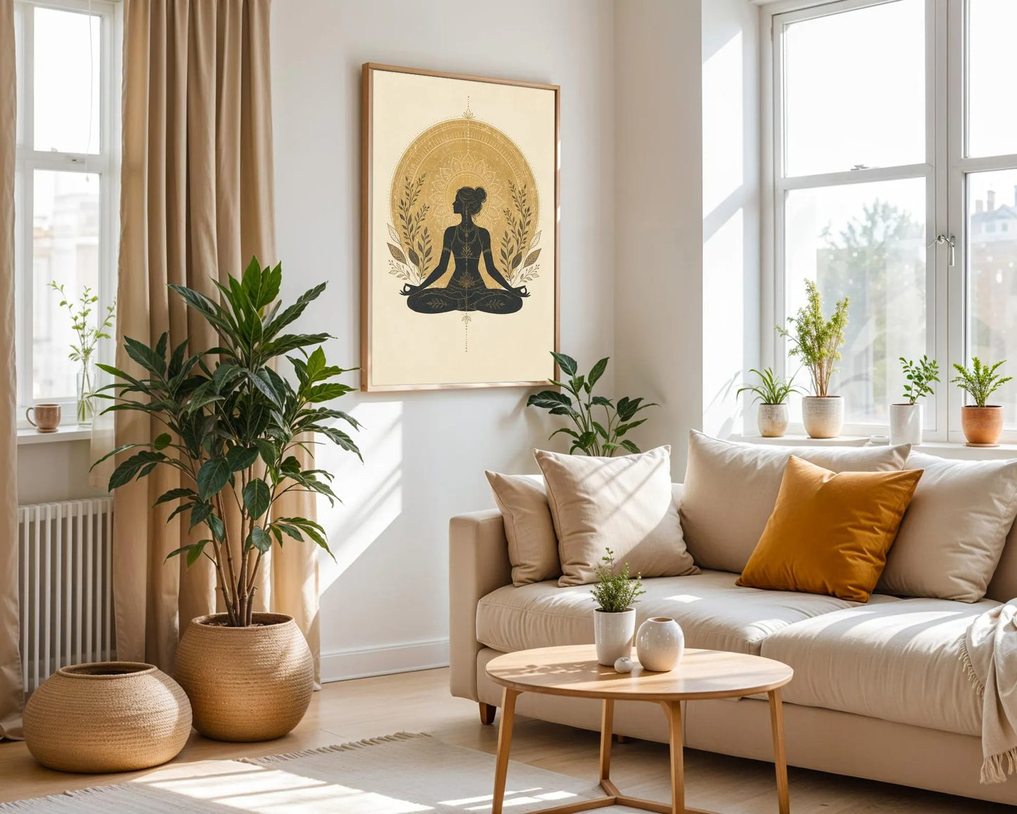 Olive Meditation print, Linocut Yoga Wall Art, Paper Print, Boho Mandala Meditating Woman
