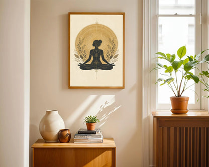 Olive Meditation print, Linocut Yoga Wall Art, Paper Print, Boho Mandala Meditating Woman