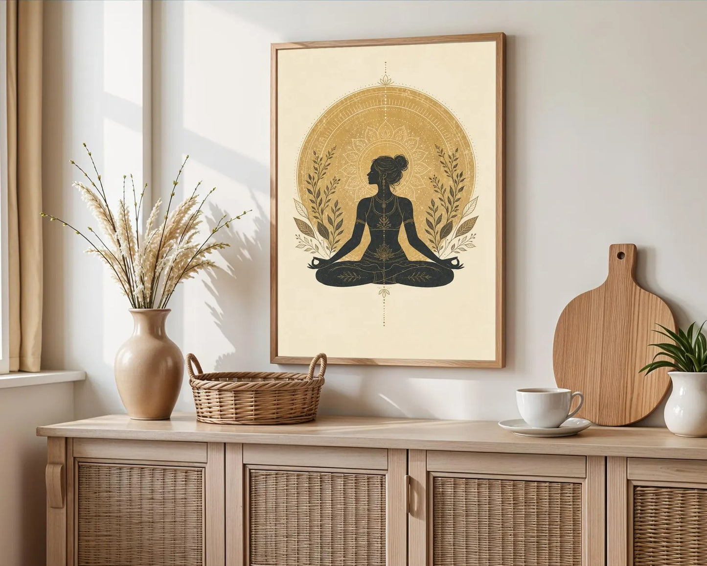 Olive Meditation print, Linocut Yoga Wall Art, Paper Print, Boho Mandala Meditating Woman