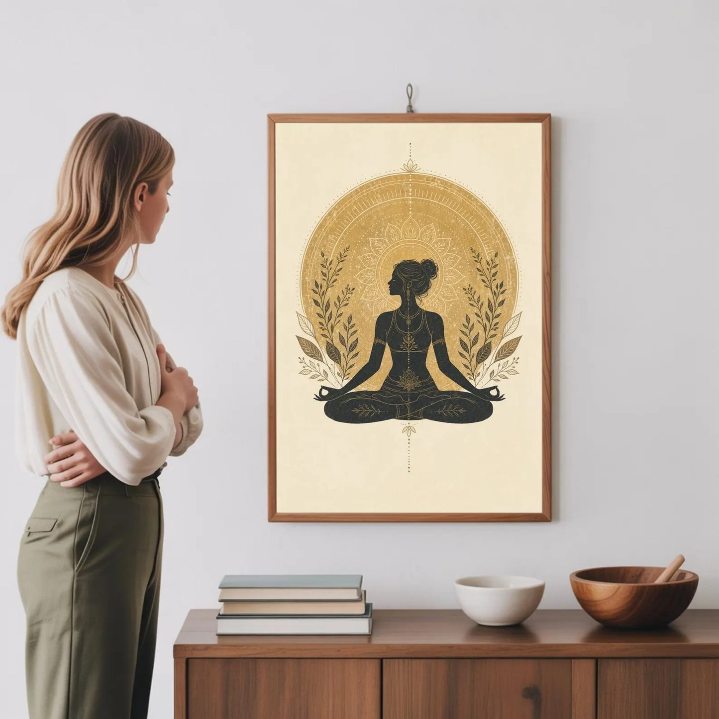 Olive Meditation print, Linocut Yoga Wall Art, Paper Print, Boho Mandala Meditating Woman